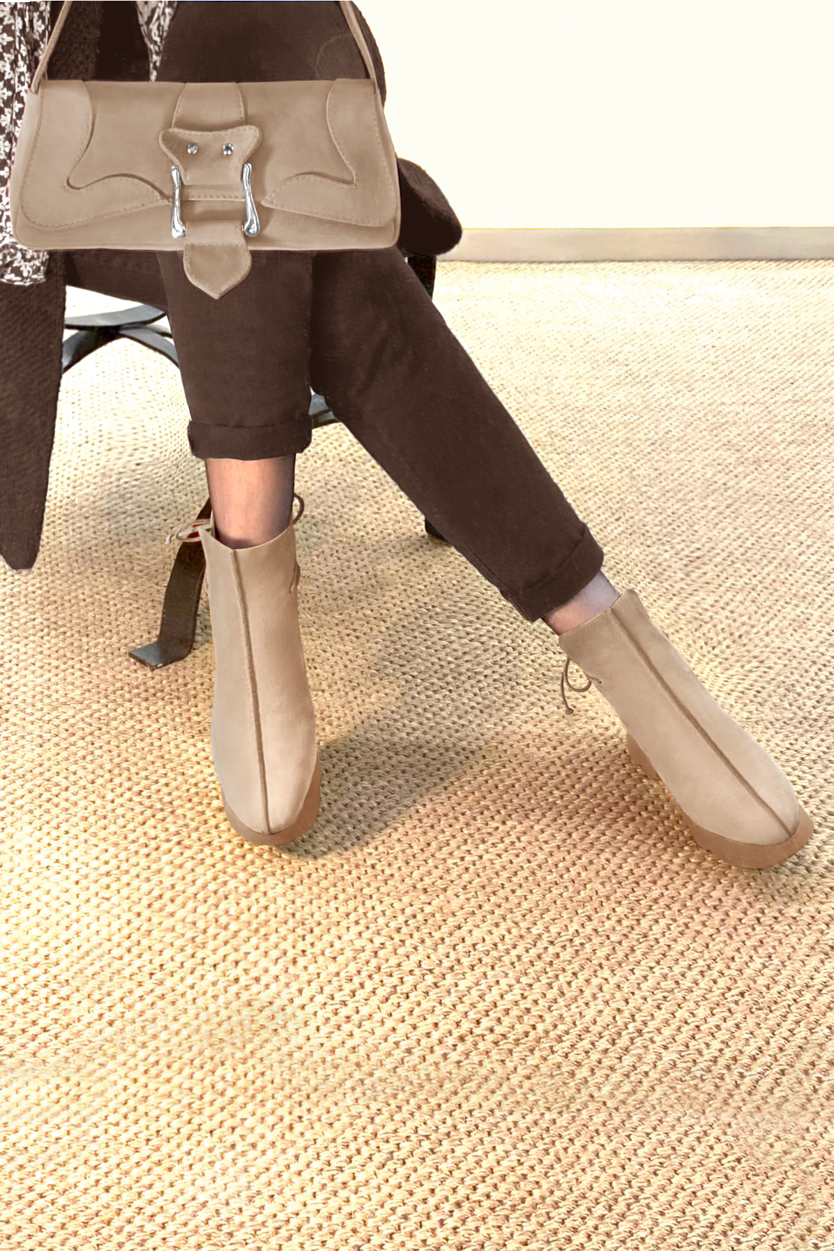 Tan beige women's ankle boots with laces at the back. Round toe. Low rubber soles. Top view - Florence KOOIJMAN